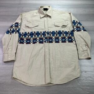 Western Signatures Shirt Mens Large Beige Blue Aztec Southwestern Cotton Western